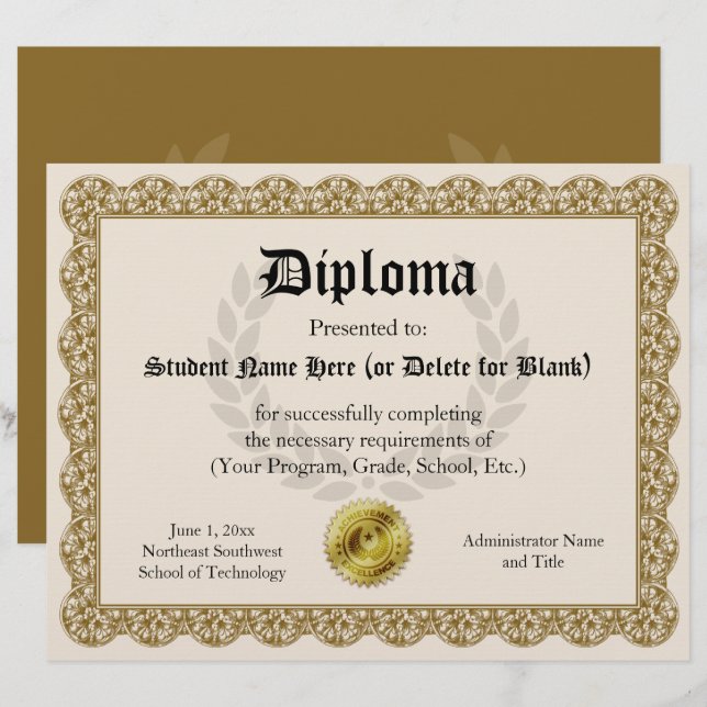 Diploma Certificate of Graduation Gold 8.5x11 (Front/Back)