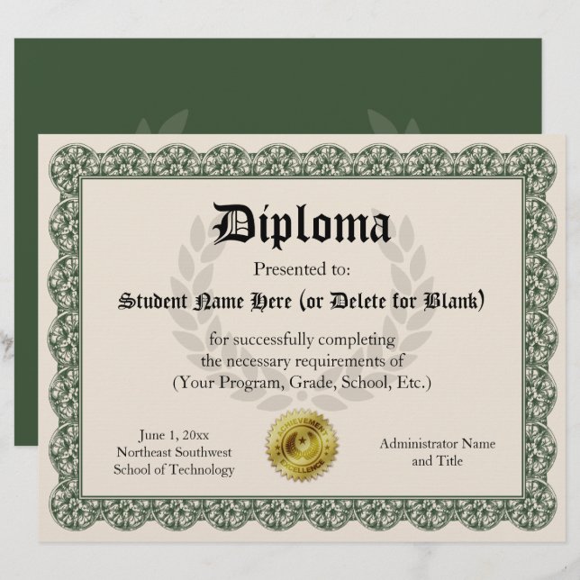 Diploma Certificate of Graduation Green 8.5x11 (Front/Back)