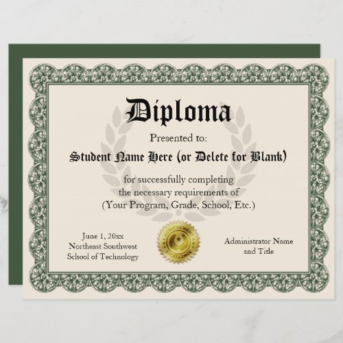 Diploma Certificate of Graduation Green 85x11