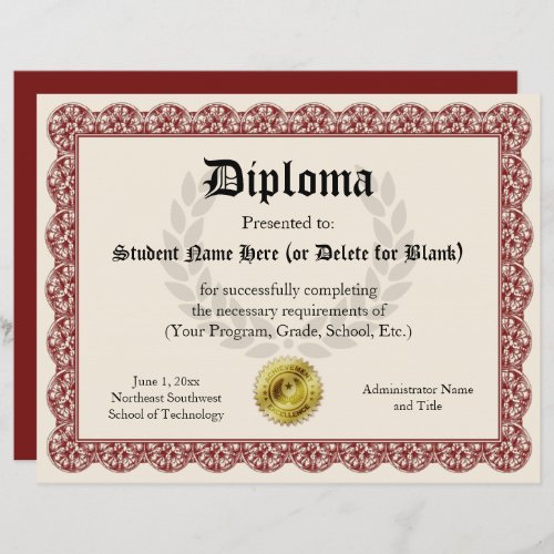 Diploma Certificate of Graduation Red 85x11