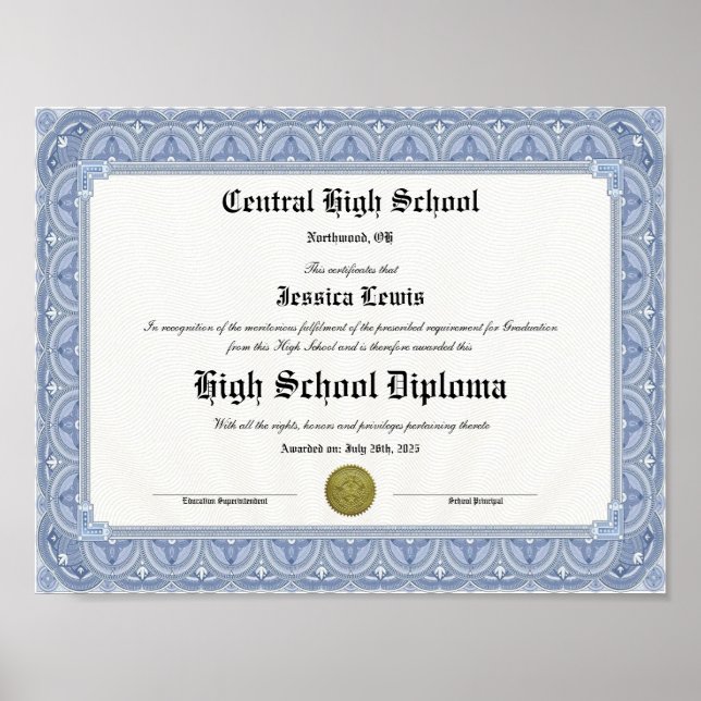Diploma Keepsake for High School Graduation Poster (Front)