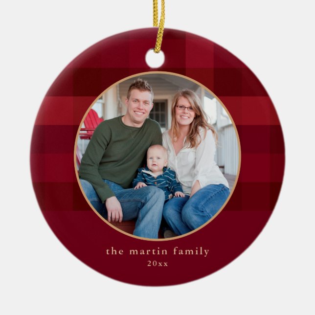 Dipped Plaid Red Photo Christmas Ceramic Ornament (Front)