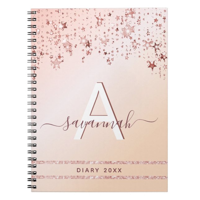 Diray monogram rose gold pink glitter stars girly notebook (Front)