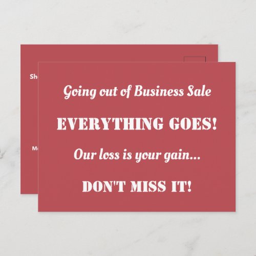 Direct Mail Going Out of Business Sale Advertising Postcard