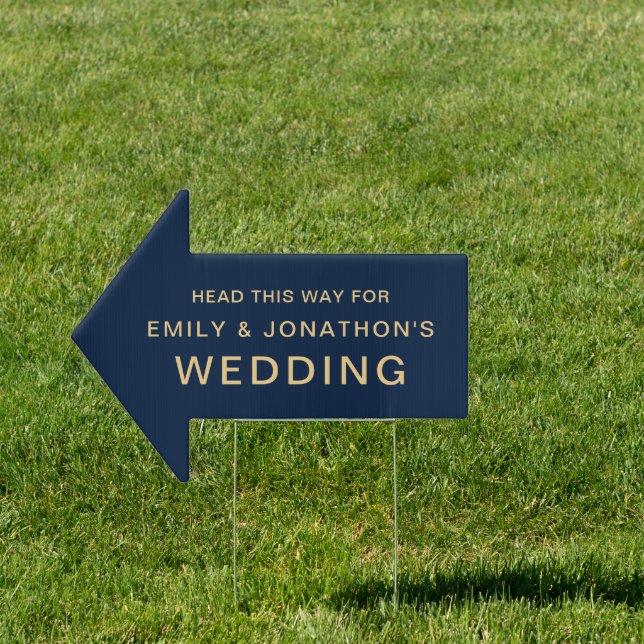 Direction This Way To Wedding Navy Blue Gold Sign (Insitu)