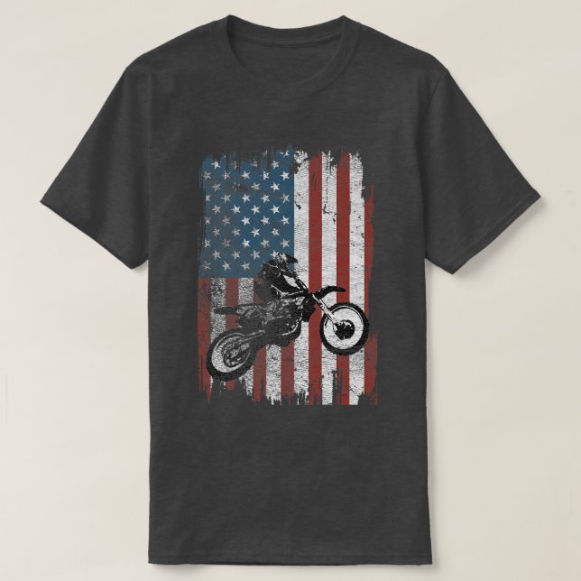 Dirt Bike American Flag Motocross Biker 4th of Jul T-Shirt (Design Front)