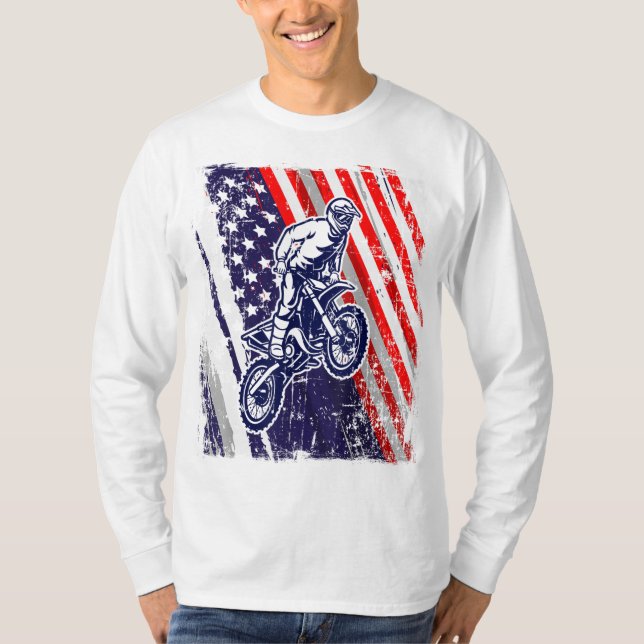 Dirt Bike American Flag Motocross Biker 4th of Jul T-Shirt (Front)