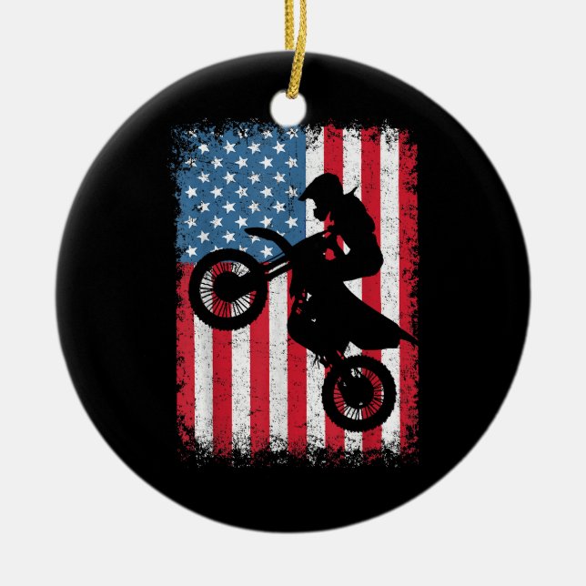 Dirt Bike American Flag Motocross Biker Men Boys V Ceramic Ornament (Front)
