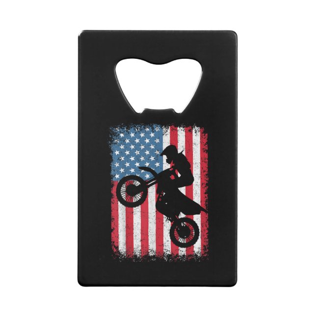 Dirt Bike American Flag Motocross Biker Men Boys V Credit Card Bottle Opener (Front)
