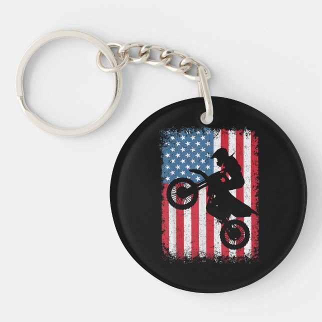 Dirt Bike American Flag Motocross Biker Men Boys V Keychain (Front)