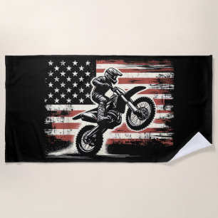 Dirt Bike American Flag Motocross Biker Vintage US Beach Towel