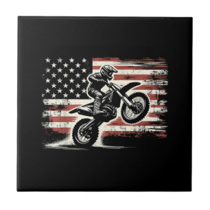 Dirt Bike American Flag Motocross Biker Vintage US Ceramic Tile