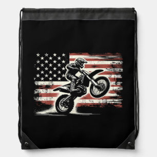 Dirt Bike American Flag Motocross Biker Vintage US Drawstring Bag