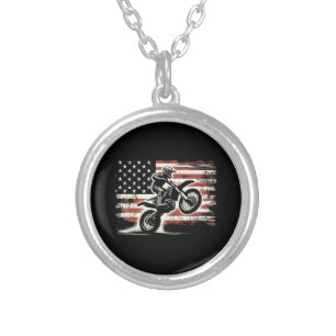 Dirt Bike American Flag Motocross Biker Vintage US Silver Plated Necklace