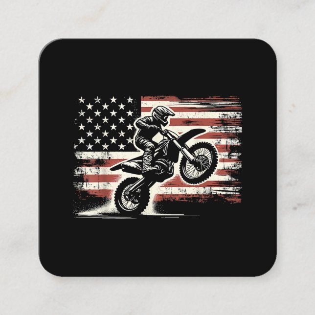 Dirt Bike American Flag Motocross Biker Vintage US Square Business Card (Front)