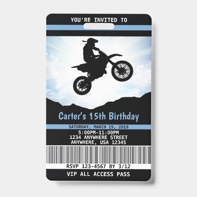 Dirt Bike Birthday Invitation VIP Pass Badge (Front)