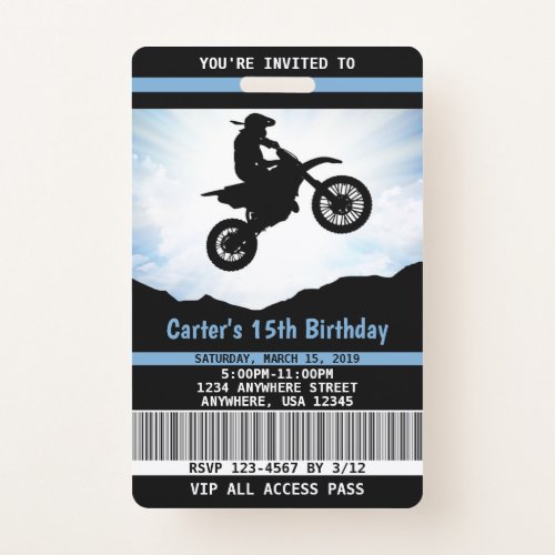 Dirt Bike Birthday Invitation VIP Pass Badge