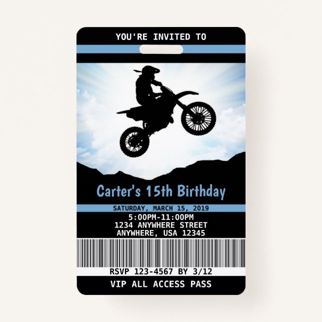 Dirt Bike Birthday Invitation VIP Pass Badge (Front)