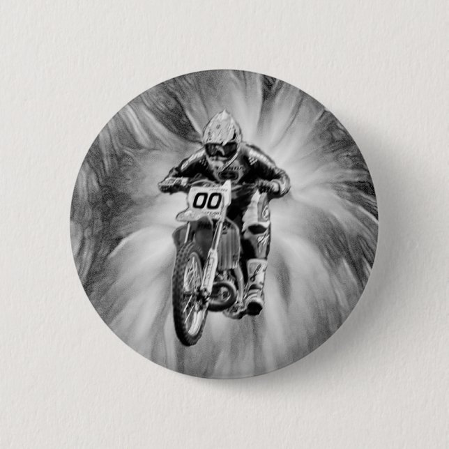 Dirt Bike Blasting Thru Black/White Pinback Button (Front)