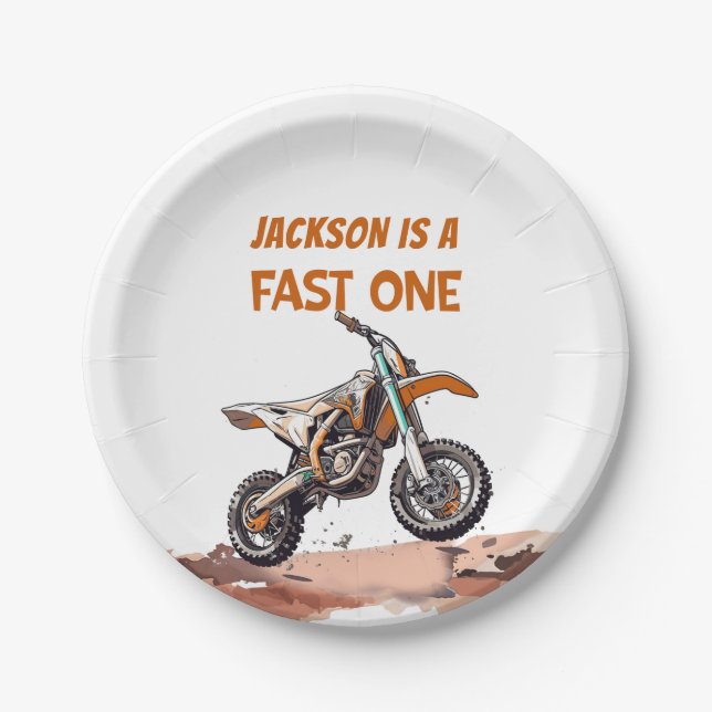 Dirt Bike Fast One 1st Birthday Party Paper Plates (Front)