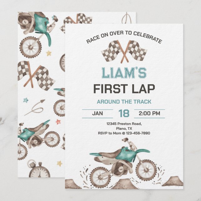 Dirt Bike First Lap Birthday Party Invitation (Front/Back)