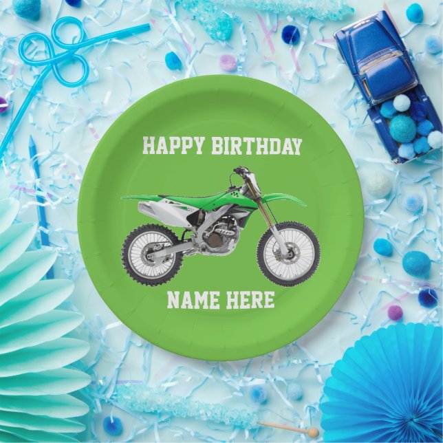 Dirt Bike Green Birthday Sport Paper Plates (Party)