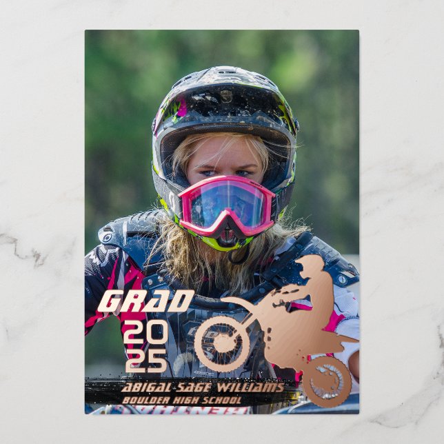 Dirt Bike Motocross 2 Photo Graduation Rose Gold Foil Invitation (Front)