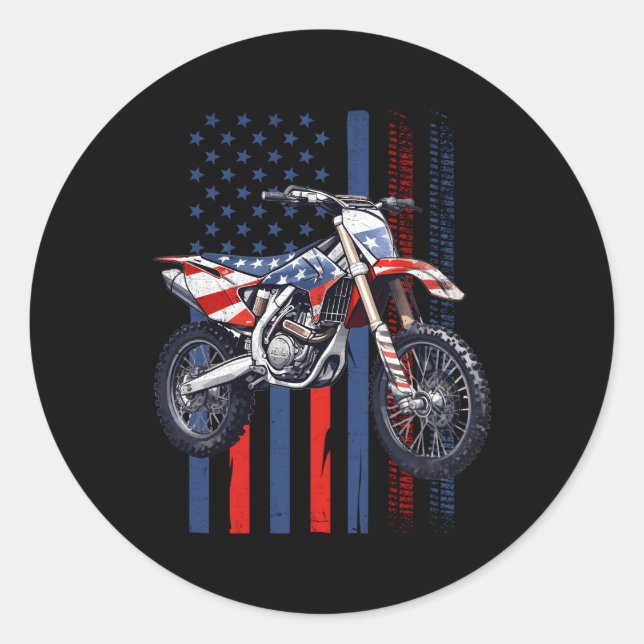 Dirt Bike Motocross 4Th Of July American Flag Bike Classic Round Sticker (Front)