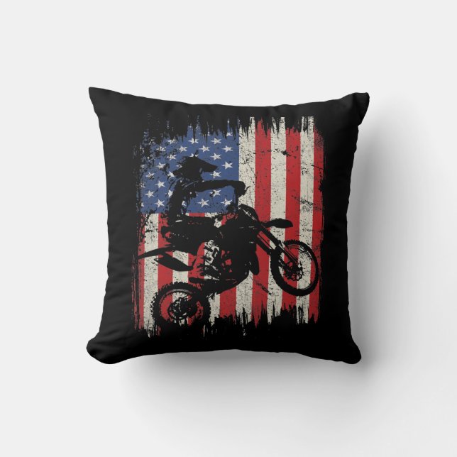 Dirt Bike Motocross USA American Flag Patriotic Throw Pillow (Front)