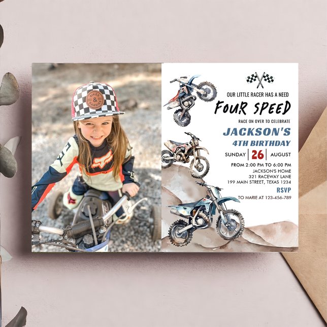 Dirt Bike Race Boy 4th Birthday Photo Invitation (Creator Uploaded)