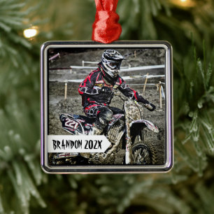 Dirt Bike Racer Personalized Name Photo Metal Ornament