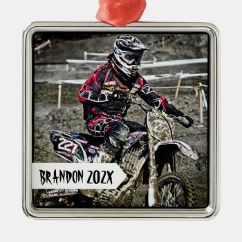 Dirt Bike Racer Personalized Name Photo Metal Ornament by holiday_store at Zazzle