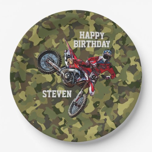 Dirt Bike Red Birthday Sport Motorcycle Cool Camo Paper Plates