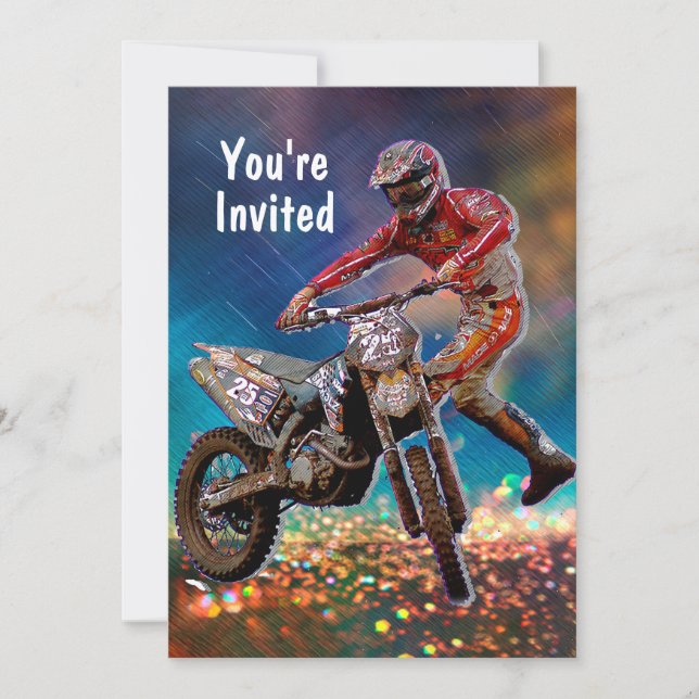 Dirt Bike Rider in Crystal Rain Storm Invitation (Front)