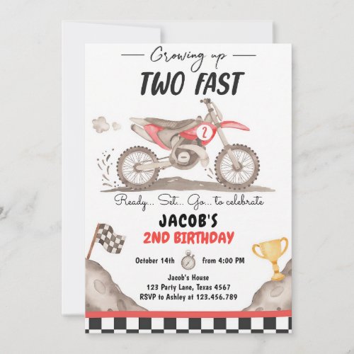 Dirt Bike Two Fast Second Birthday Boy Invitation