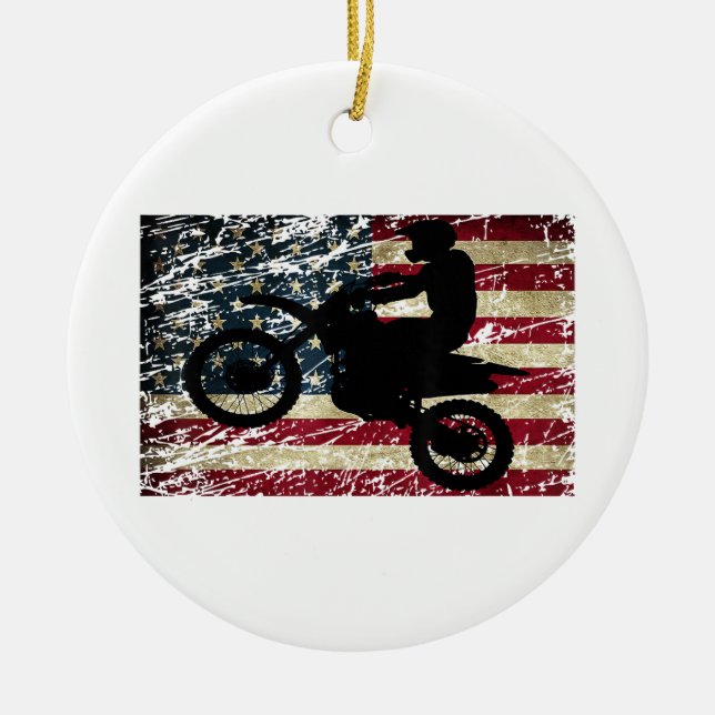 Dirt Bike USA Flag T-Shirt Motocross American Flag Ceramic Ornament (Front)