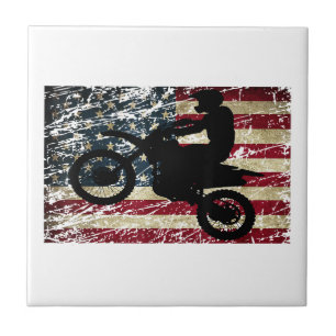 Dirt Bike USA Flag T-Shirt Motocross American Flag Ceramic Tile