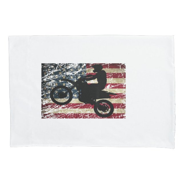 Dirt Bike USA Flag T-Shirt Motocross American Flag Pillow Case (Front)