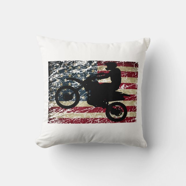 Dirt Bike USA Flag T-Shirt Motocross American Flag Throw Pillow (Front)