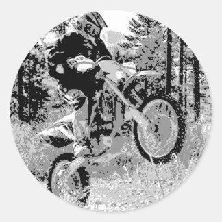 Dirt bike wheeling in the woods classic round sticker