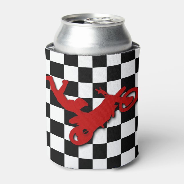 Dirt Biker on checkerboard pattern Can Cooler (Can Front)