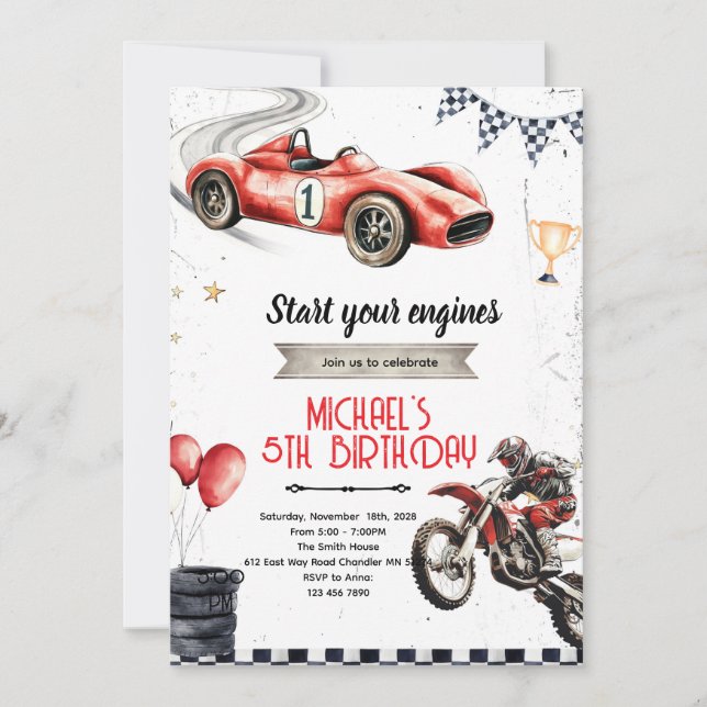 Dirt Bikes and race car theme invite (Front)