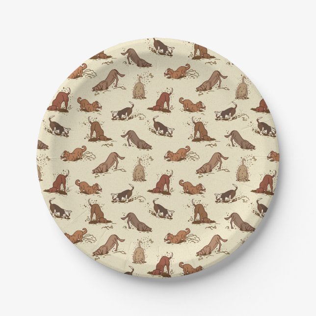 Dirt Digging Dogs - beach vacation pattern.   Paper Plates (Front)
