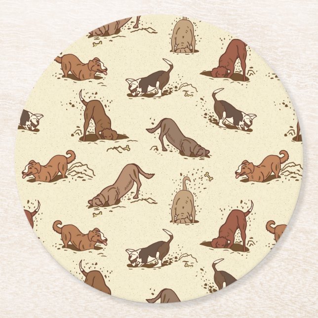 Dirt Digging Dogs - beach vacation pattern.   Round Paper Coaster (Front)