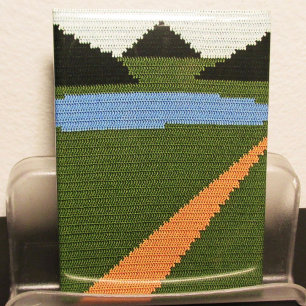 Dirt Road Grass Lake Hills Artisan Crochet Print Magnet