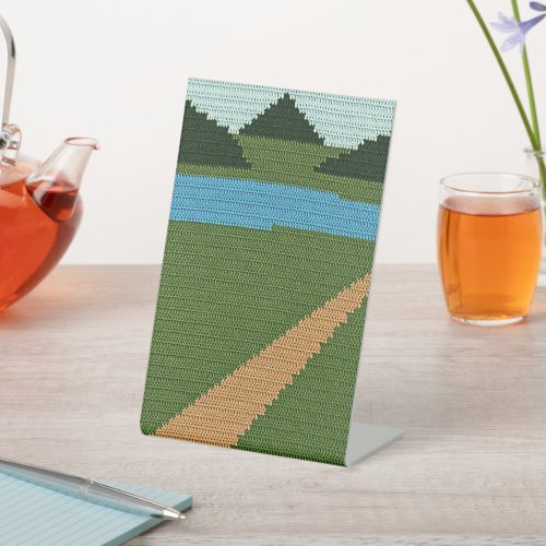 Dirt Road Green Countryside Artisan Crochet Print Pedestal Sign