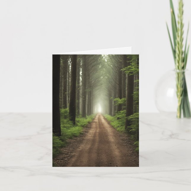 Dirt Road In Green Forest Note Card (Front)