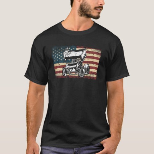 Dirt Track Racing Usa Flag Sprint Car Vintage Retr T_Shirt