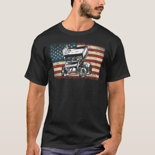 Dirt Track Racing Usa Flag Sprint Car Vintage T_Shirt