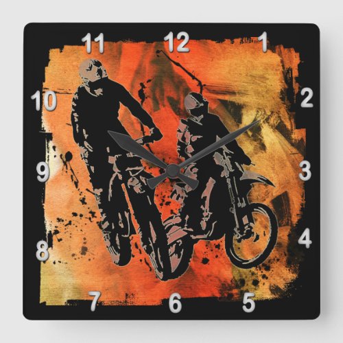 Dirtbiker Duo Red and Orange Grunge Square Wall Clock